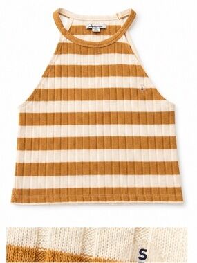American Eagle Mustard & Cream Striped Ribbed Halter Tank Top